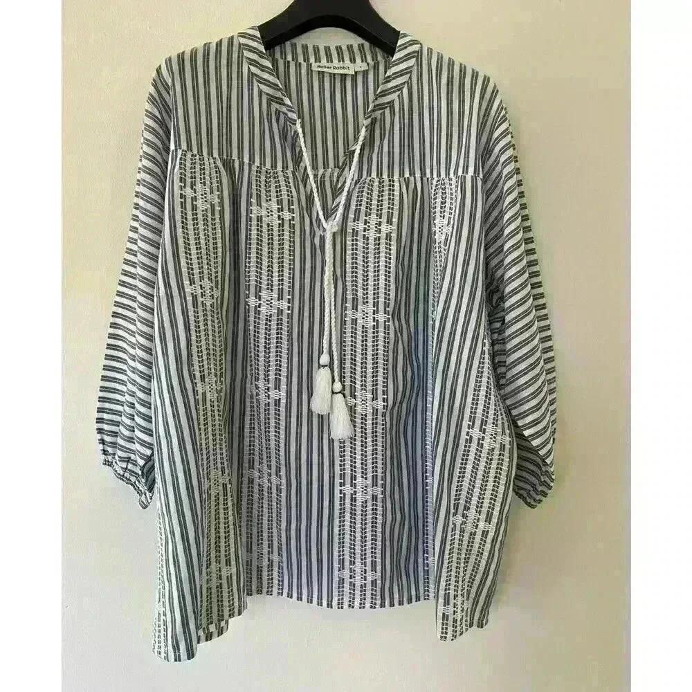 ROLLER RABBIT TASSEL TUNIC SIZE SMALL BLUE WHITE EMBROIDERED